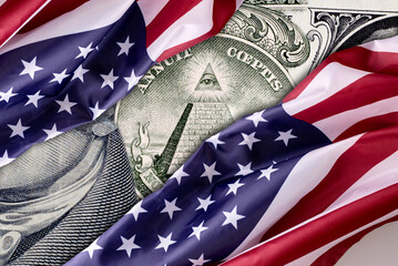 Collage of Dollar bills elements and American flag.