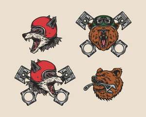Set Hand Drawn Vintage style of mascot Motorcycle and garage logo badge