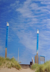 Zwei Holzpfähle am Strand von Maasvlakte in Holland auf denen jeweils eine Möwe sitzt