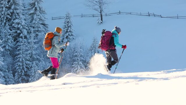 two girls in snowshoes and backpacks go hiking in the snow in winter.
