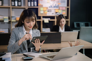 Business meeting account managers crew working search page on computer with new startup project. Idea presentation, analyze plans.