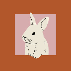 Cute white funny Rabbit head, Bunny character. New Year 2023. Flat vector illustration isolated from background.