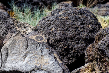 Some of the four hundred petroglyphs in Piedras Marcadas Canyon, part of New Mexico's Petroglyph National Monument.