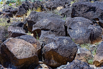 Some of the four hundred petroglyphs in Piedras Marcadas Canyon, part of New Mexico's Petroglyph National Monument.