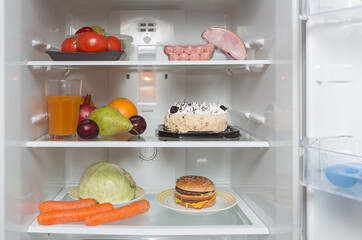 fridge with juice, lemon, orange, pomegranate, pumpkin, banana, pear, cabbage, eggs, carrot, plum,