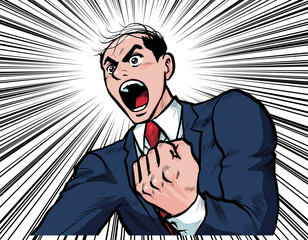 プレゼンで叫ぶ熱血ビジネスマンのイラスト