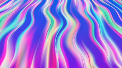 Fototapeta premium Iridescent Effect Wavy Ripple Structure Vector Vivid Vibrant Abstract Background. Holographic Varicolored Bright Gradient Dynamic Pattern Modern Wide Wallpaper. Hologram 3D Rendered Fluid Illustration