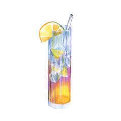 Watercolor lemonade with lemon, ice and syrup.