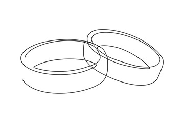 Single continuous line drawing of two rings. design for couple or wedding concept
