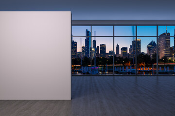 Downtown Chicago City Skyline Buildings Window background. Mock up copy space wall. Empty office room Interior Skyscrapers, View Lake Michigan waterfront. Cityscape. Night. 3d rendering.