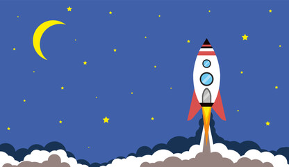 Launch of rocket starship startup on the starry background in vector