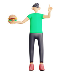 3d man character holding a hamburger
