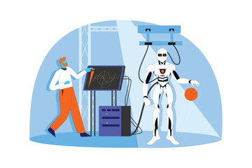 Robot training, program checking robot programing illustration concept vector art