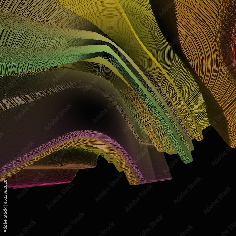 Poster generated wavy bands and stripes in multi-coloured patterns on a bright yellow background