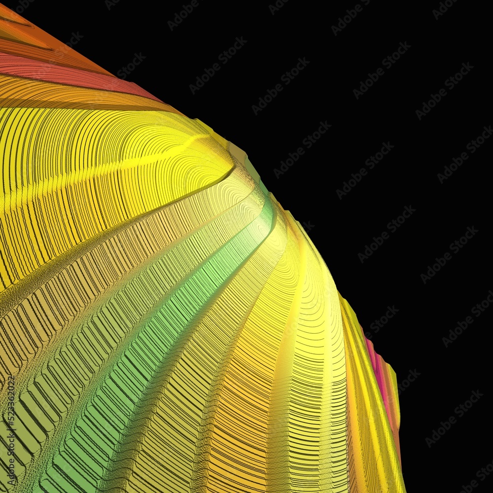 Poster generated wavy bands and stripes in multi-coloured patterns on a bright yellow background