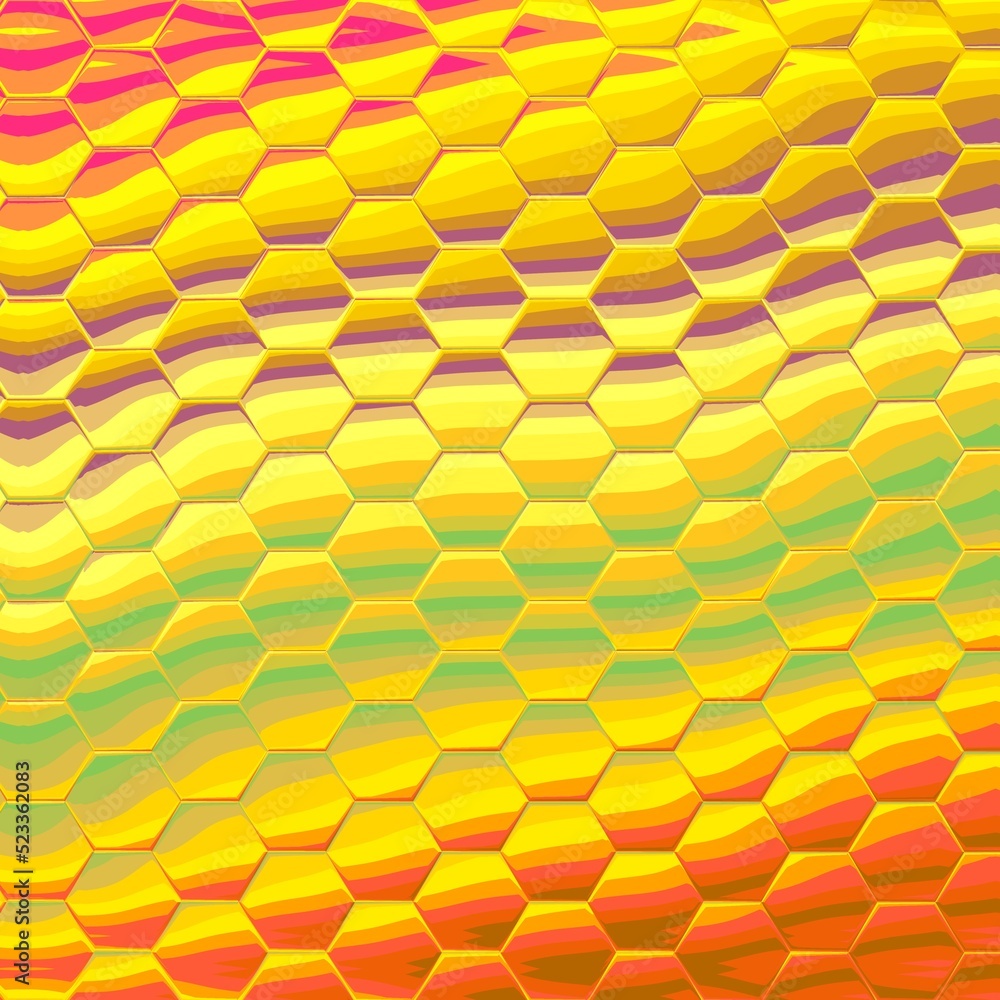 Poster generated wavy bands and stripes in multi-coloured patterns on a bright yellow background
