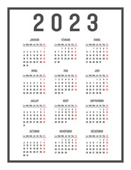 Calendar of 2023 in French. The days of the week are at the top, week start Monday. Vector illustration