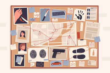 Crime evidence board with pins and red thread connecting scheme vector illustration. Cartoon detective investigation pinboard with paper map, photos and pictures to investigate murder background