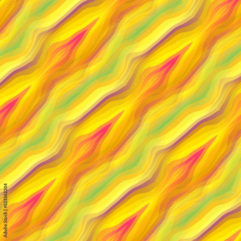 Poster generated wavy bands and stripes in multi-coloured patterns on a bright yellow background