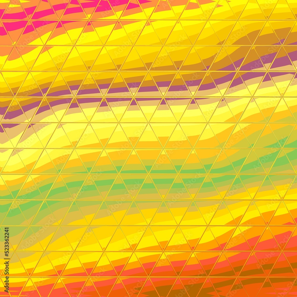 Poster generated wavy bands and stripes in multi-coloured patterns on a bright yellow background