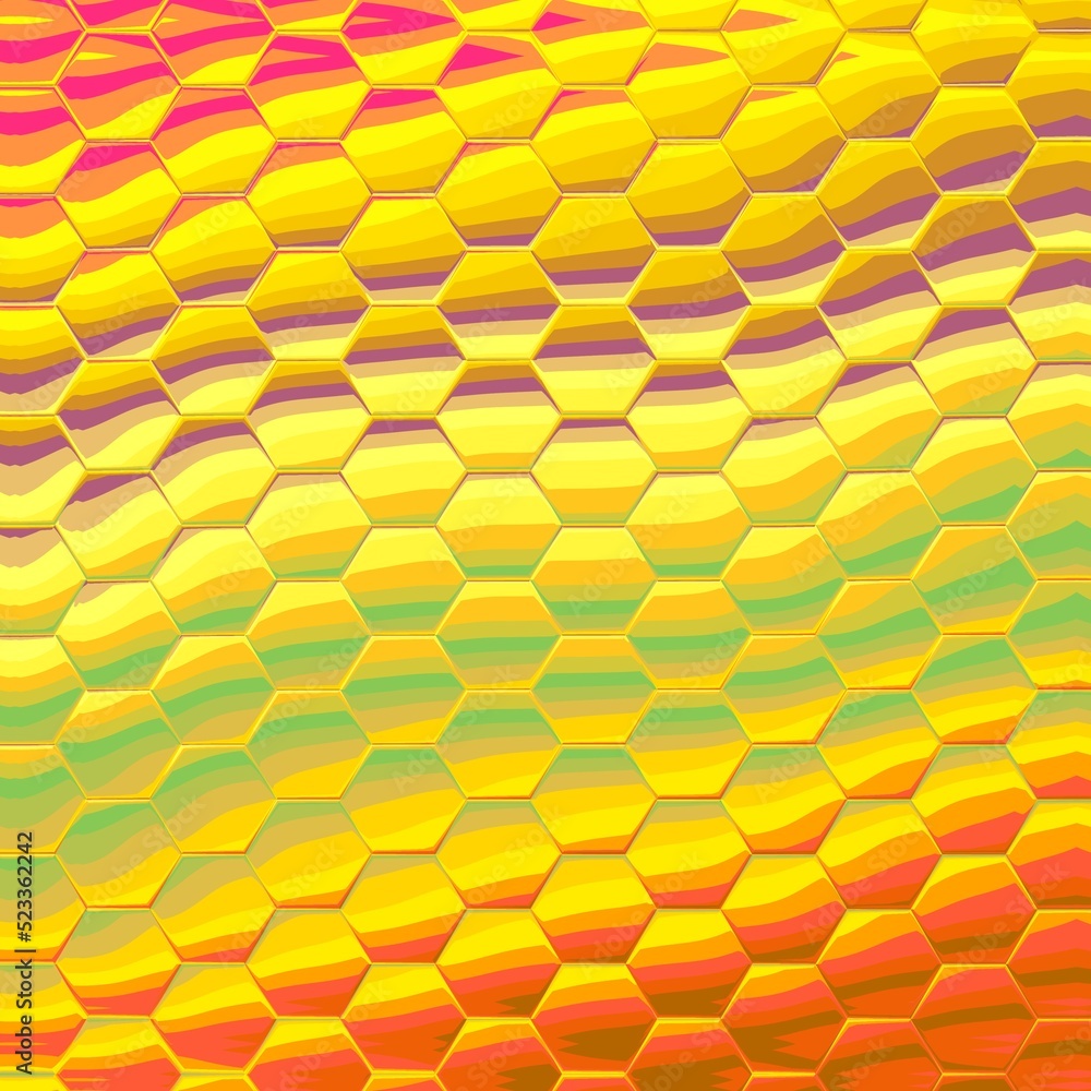 Poster generated wavy bands and stripes in multi-coloured patterns on a bright yellow background