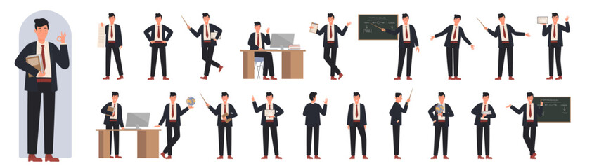 Young male teacher showing different poses and gestures set vector illustration. Cartoon man in suit holding pointer and globe, guy explaining on lecture in front, side and back view isolated on white