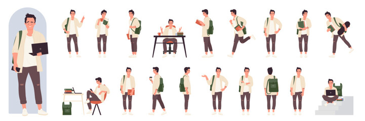 Male student character poses, animation set vector illustration. Cartoon school boy teenager sitting at table with laptop and phone to study, read books, do exam or homework isolated on white