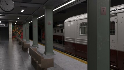 3D-illustration of an empty and abandoned subway station