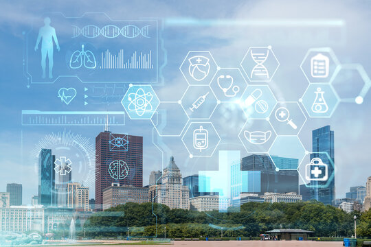 Chicago skyline, Butler Field towards financial district skyscrapers, day time, Illinois, USA. Parks and gardens. Health care digital medicine hologram. The concept of treatment and disease prevention