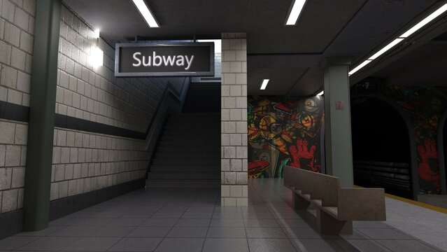 3D-illustration of an empty and abandoned subway station
