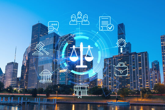 Downtown skyscrapers city view of Chicago, skyline panorama over Lake Michigan, harbor area, sunset, Illinois, USA. Legal icons hologram. The concept of law, order, regulations and digital justice