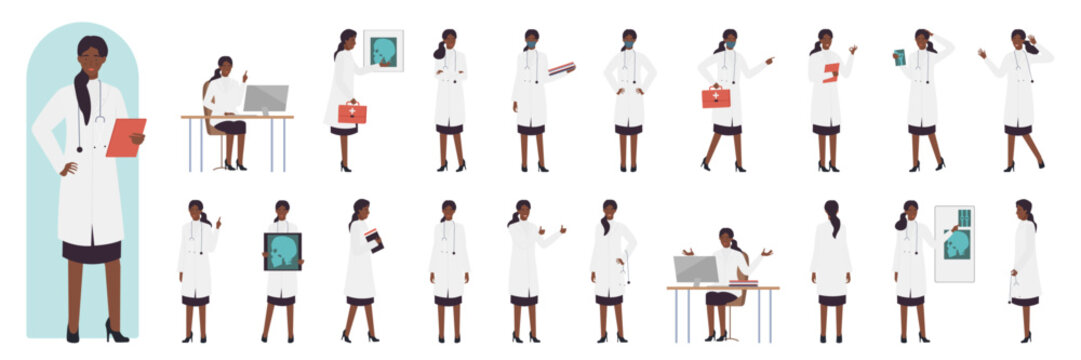 African american black female doctor poses set vector illustration. Cartoon posing actions of woman medical worker working in hospital, pointing to xray of patients skull, holding first aid box