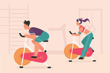 People doing exercises on static stationary bikes in gym of sport club vector illustration. Cartoon male and female characters cycling, training on equipment background. Healthy activity concept - obrazy, fototapety, plakaty