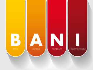 BANI - Brittle Anxious Nonlinear Incomprehensible acronym, encompasses instability and chaotic, surprising, and disorienting situations, concept for presentations and reports