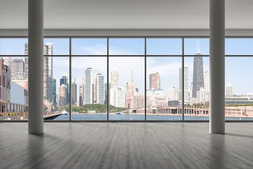  Downtown Chicago City Skyline Buildings from Window. Beautiful Expensive Real Estate. Epmty office room Interior Skyscrapers, View Lake Michigan waterfront, harbor. Cityscape. Day time. 3d rendering. © VideoFlow
