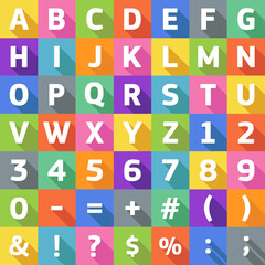 Vector flat alphabet with symbols and letters on bright colored backgrounds, fill style with long shadow.