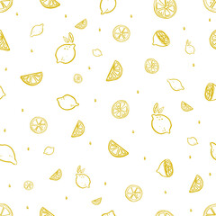 Seamless vector pattern of yellow, hand drawn lemons on white background, organic or natural product packaging design.
