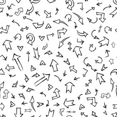 Seamless pattern arrows hand drawn wavy and curved pointers with swirls on a white background.