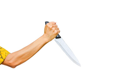 Male hand holding knife, concept of crime or violence.