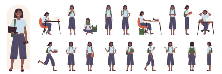 Cartoon young lady with cute haircut and casual clothes showing study gestures and actions. African american black female student character poses in side, front and back view set vector illustration