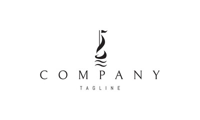 Vector logo on which an abstract image of a ship with a sail with waves under it.