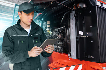 Serviceman with digital tablet on a background of the tractor with open hood