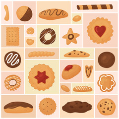 Cookie, sweet food set vector illustration. Cartoon assorted sugar snacks, confectionery collection with biscuit cracker doughnut shortbread with glaze and icing in geometric collage background
