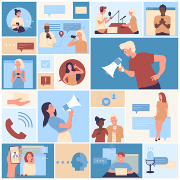 Information platform, campaign and communication set vector illustration. Cartoon people announce news in megaphone, communicate with messages, sms in square collage background. PR technology concept