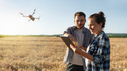 Two farmer with drone on the wheat field. Smart farming and precision agriculture