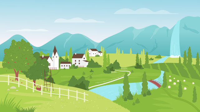 Countryside summer calm landscape with fields, houses, river and mountains vector illustration. Cartoon European small village and green hills at day time, rural suburb panorama scenery background