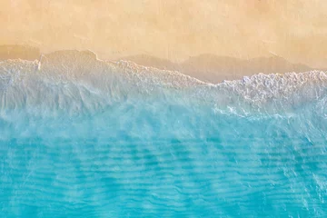 Poster Im Rahmen Relaxing aerial beach, summer vacation tropical Mediterranean landscape banner. Waves surf amazing blue ocean lagoon, sea shore coastline. Beautiful aerial drone top view. Peaceful beach, seaside surf © icemanphotos