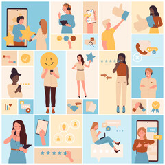 Customers support and review set vector illustration. Cartoon people rate experience, clients vote for product or service in social media, square collage background. Feedback, credibility concept