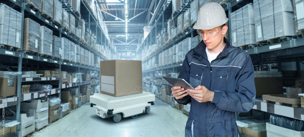 Poster Warehouse manager with digital tablet controls robot with a package. Unmanned delivery concept
