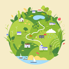 Globe of Earth, rural hilly landscape with fields, farmers houses in village, waters of river and road. Cartoon abstract planet terrain, save nature ecology for future flat vector illustration